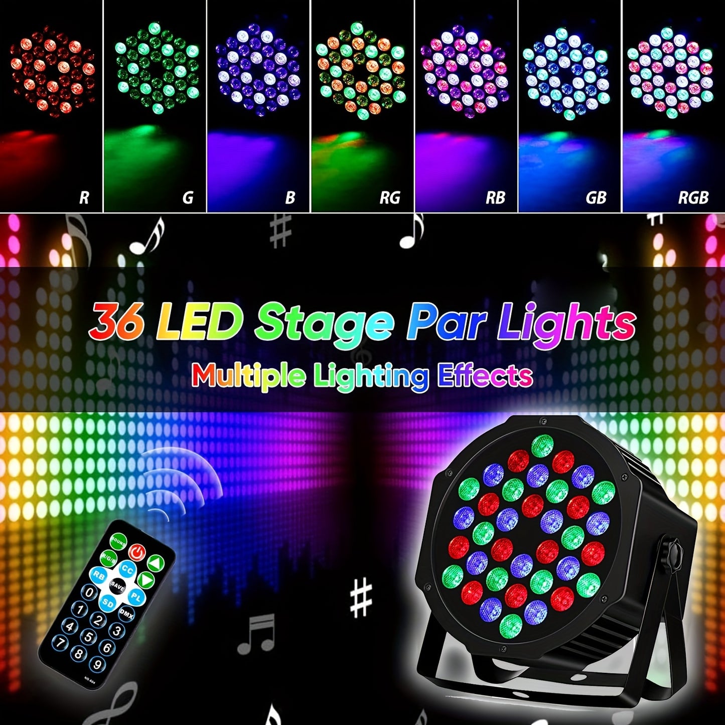 36 luzes de palco LED RGB DJ LED Par Light remoto e DMX controlado por som ativado Uplights de reprodução automática para casamento, aniversário, Natal, férias, show de música, festa de dança, iluminação de palco-1 pacote