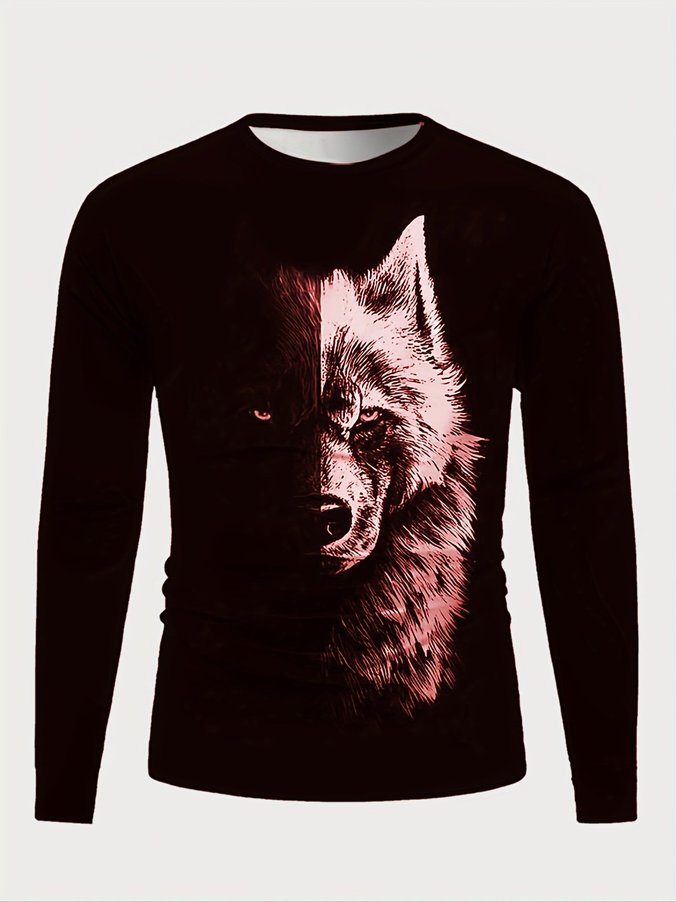 Camiseta de manga comprida com estampa de moda masculina Splicing Wolf Face, primavera outono