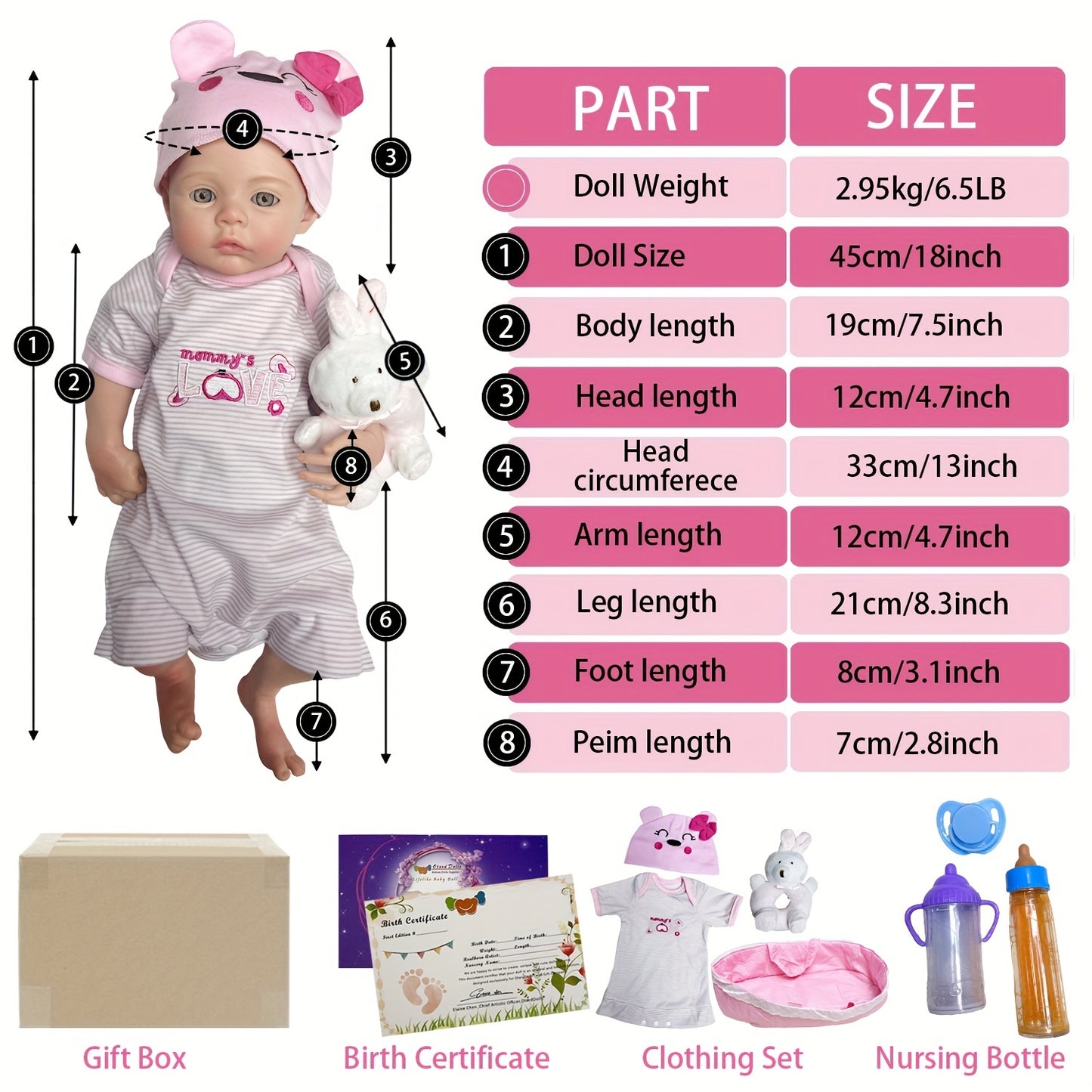 45cm\u002F18Inch Solid Silicone Reborn Girl With Genesis Oil Painted Skin Soft Touch Feeling Reborn Dolls, Whole Body Soft Platinum Silicone Newborn Doll, Bath Baby Doll Toy