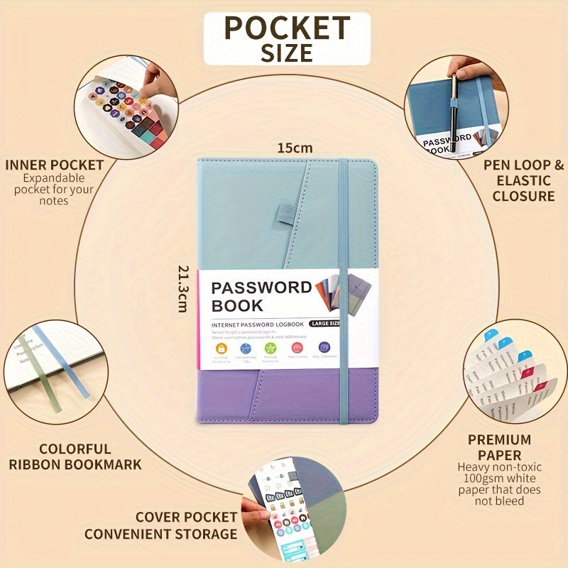 Secure A5 Password Book With Alphabet Tabs - Ideal For Home & Office Internet, Email Login Passwords - Premium Address Manager With Foldable Inner Pocket - Personal Password Organizer