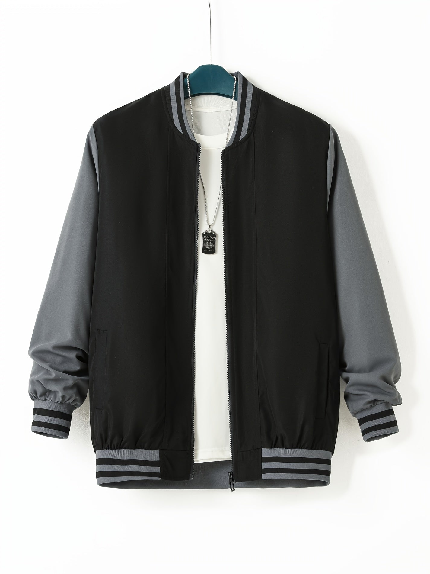 Plus Size Men's Contrast Baseball Jacket Spring Fall Winter Band Collar Jacket, Men's Clothing