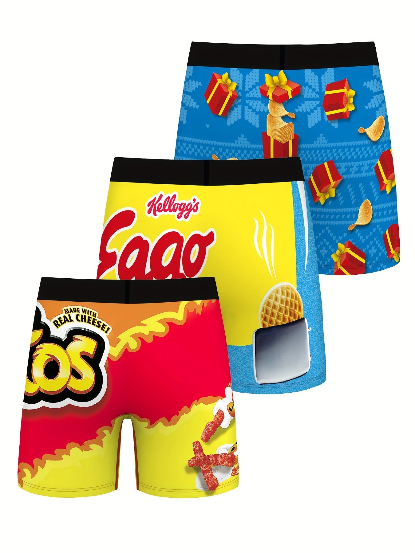 3 Stück Snack Digitaldruck Herren Grafik Lange Boxershorts Shorts, Atmungsaktive bequeme, schnell trocknende, dehnbare Boxershorts, Sport koffer, Badehosen für Strand pool, Herren-Neuheit Unterwäsche