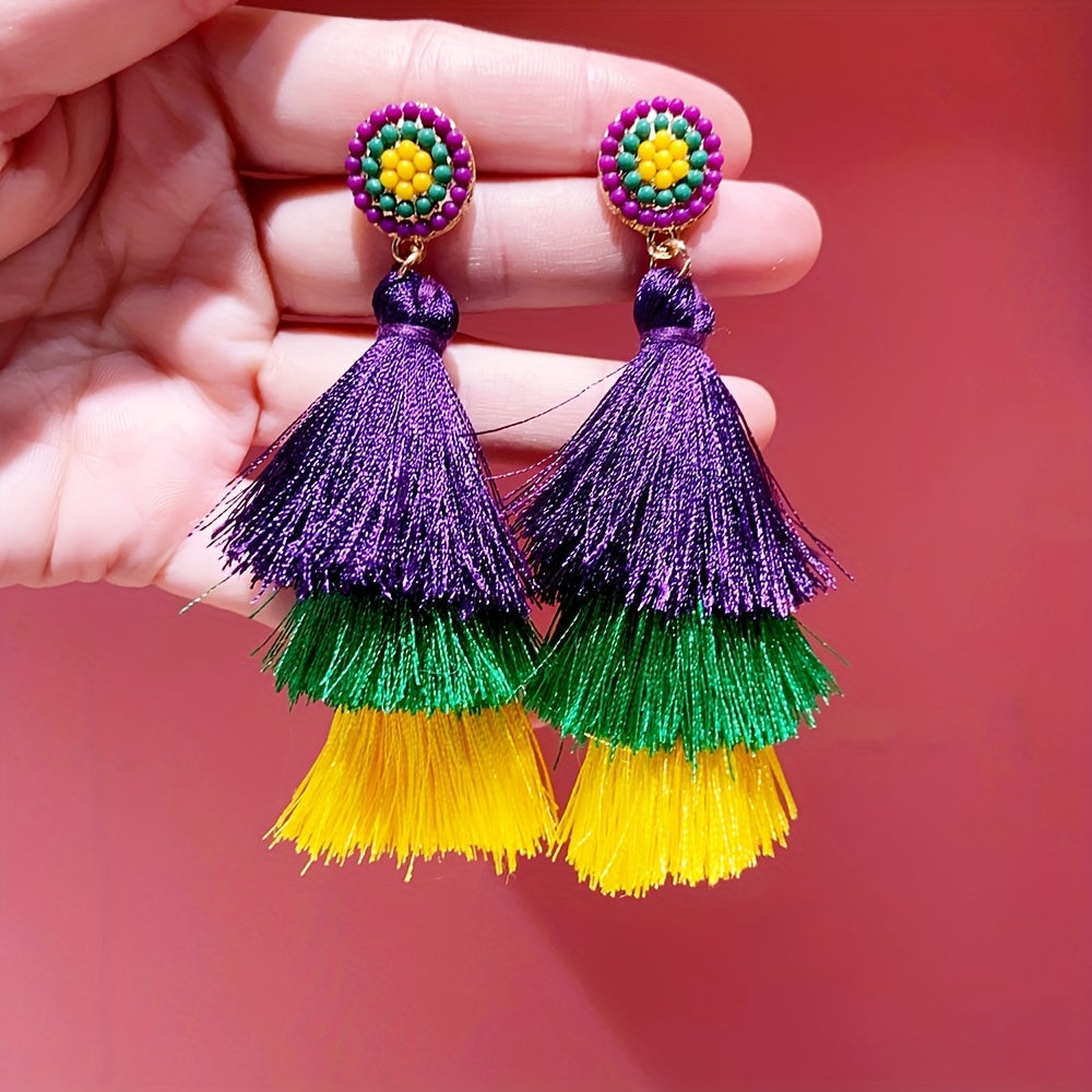 Hilos de colores borla cuelgan Pendientes partido étnico estilo aleación joyería moda femenina oído Adornos Mardi Gras