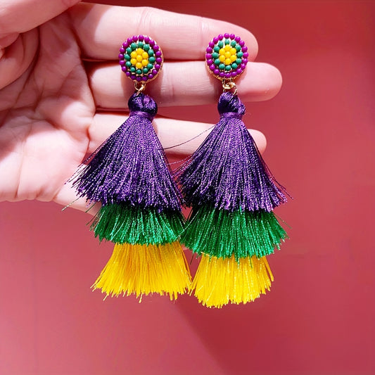 Colorful Threads Tassel Dangle Earrings Ethnic Party Style Alloy Jewelry Trendy Female Ear Ornaments mardi gras jewelry