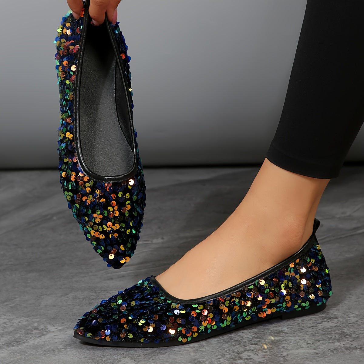 Women's Sequins Flat Shoes, Fashion Pointed Toe Soft Sole Shoes, All-Match Slip On Flats