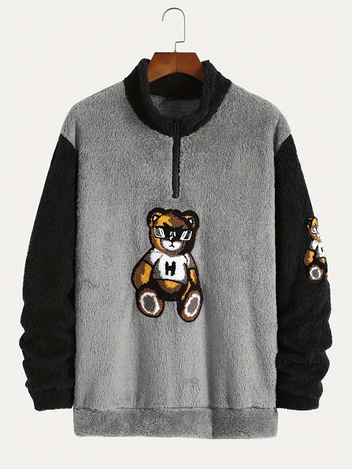 Men's Color Block Fuzzy Bear Pattern Sweatshirt, Half Zip Stand Collar Warm Pullover For Autumn Winter