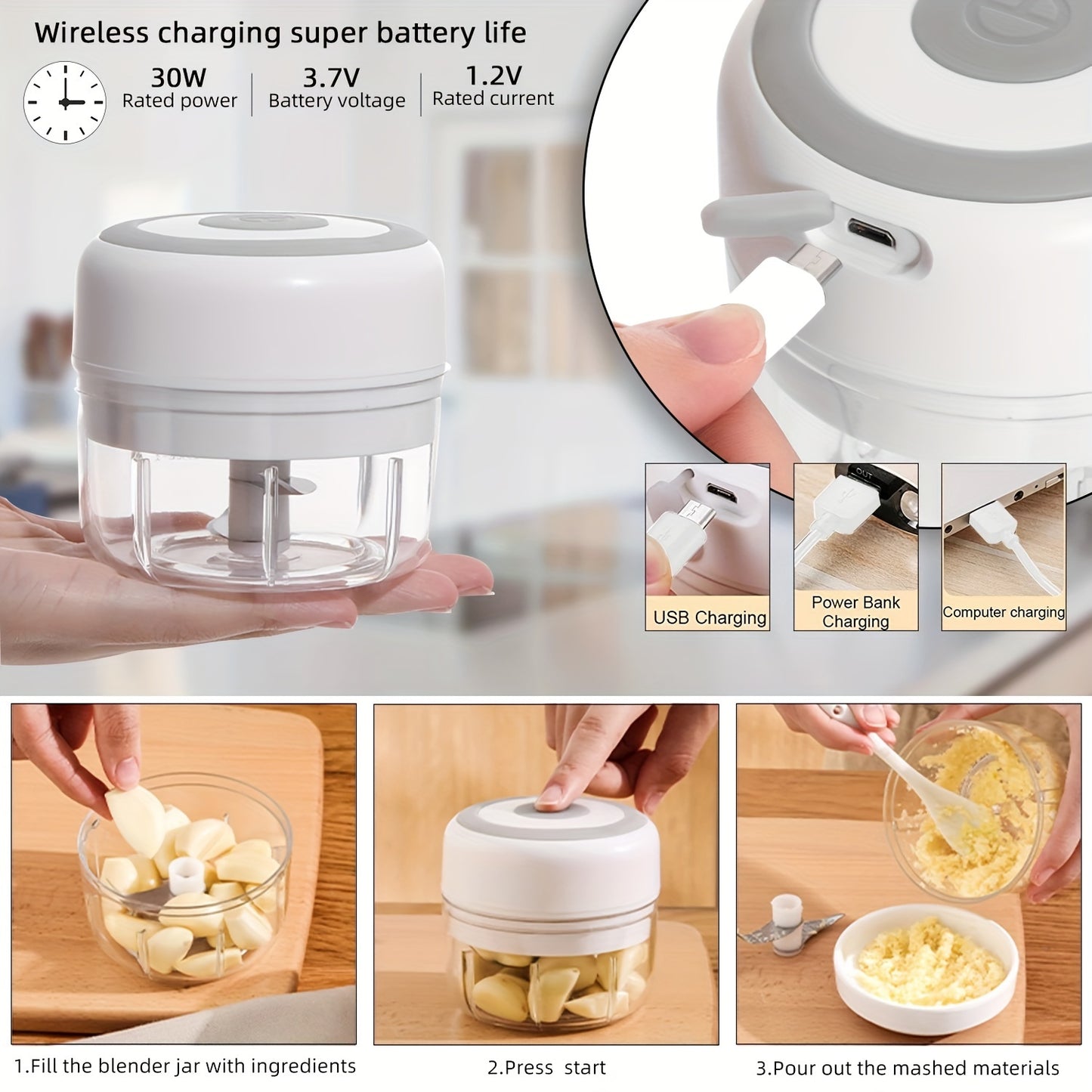 1 Piece Of 8.45oz Capacity, USB Rechargeable Cooking Machine, Kitchen Garlic Mixer, Electric Shredder, Small Automatic Cooking Machine, Multi Scene Use Tools, Various Colors,