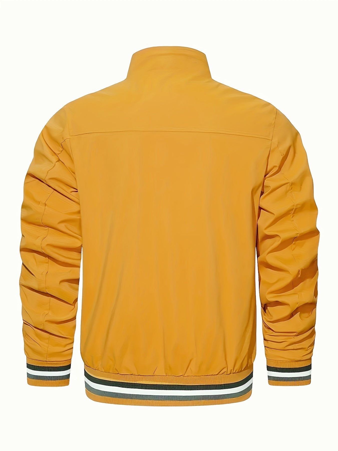 Más tamaño de los hombres moda casual zipper stand collar bolsillo chaqueta, color sólido manga larga raya patrón en la capa inferior suelta gran tamaño