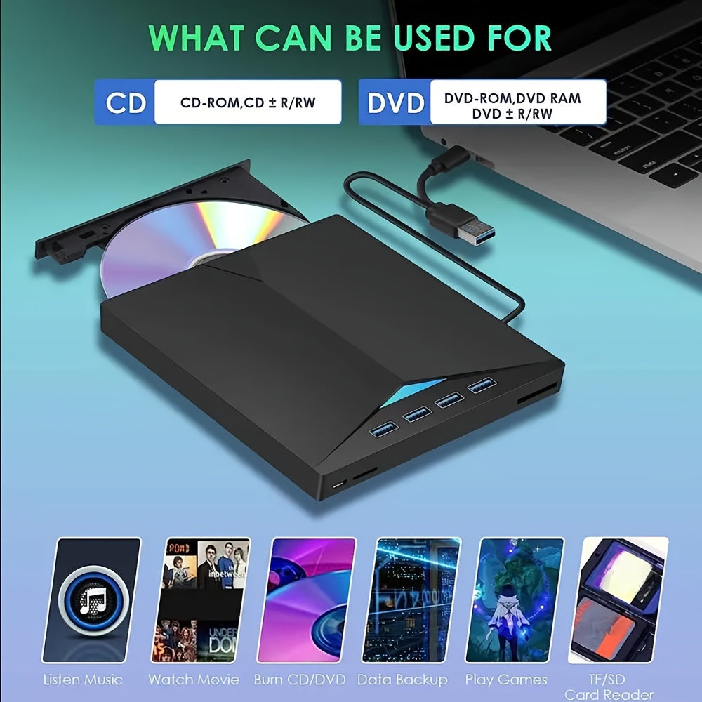 محرك أقراص CD\u002FDVD خارجي 7 في 1 لأجهزة الكمبيوتر المحمول، ومشغل أقراص DVD USB 3.0 من النوع C، ناسخ أقراص مضغوطة محمول\u002FDVD، محرك أقراص مضغوطة خارجي DVD بصري متوافق مع أجهزة الكمبيوتر المحمول المكتبية Windows 11\u002F10\u002F8\u002F7 Linux Mac OS