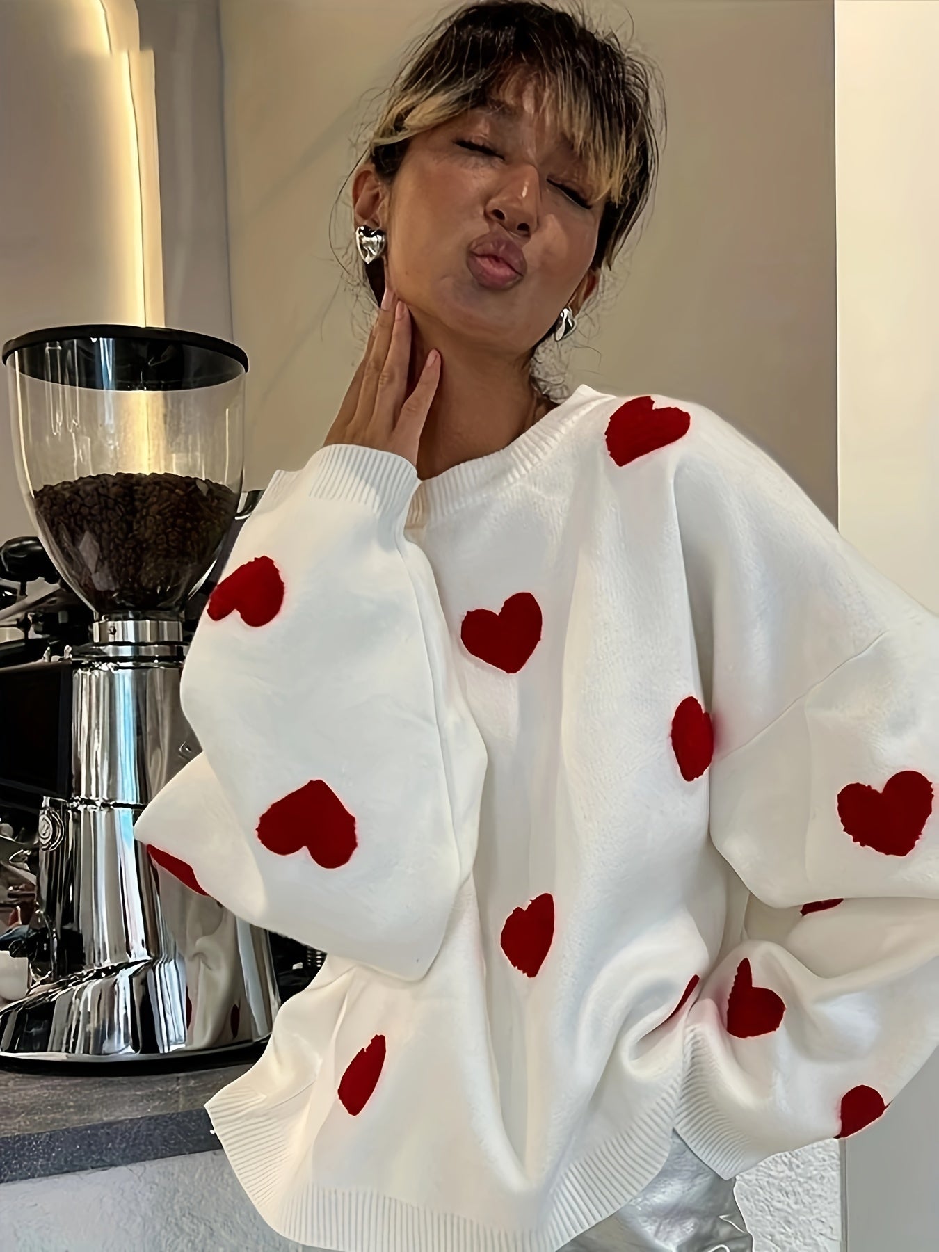 Pull à motif coeur Saint Valentin, Pull décontracté à manches longues, Vêtements pour femmes