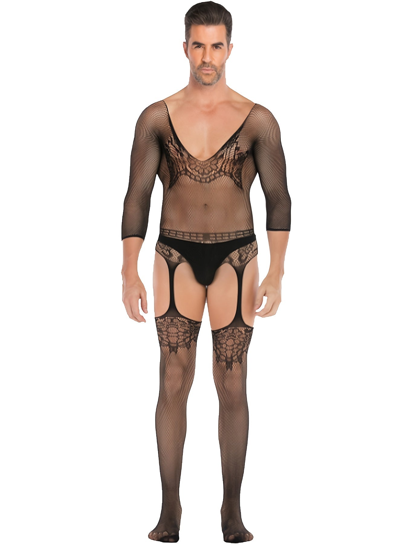 No Panties, Men's Sexy Fishnet One-Piece Sheer Costumes, Bodysuit & Stockings For Nightwear, Underwear For Gay, Men's Exotic Apparel