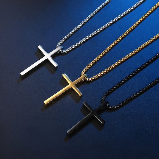 Funky Polished Minimalistic Cross Pendant Necklace For Men, Stainless Steel Chain Necklace