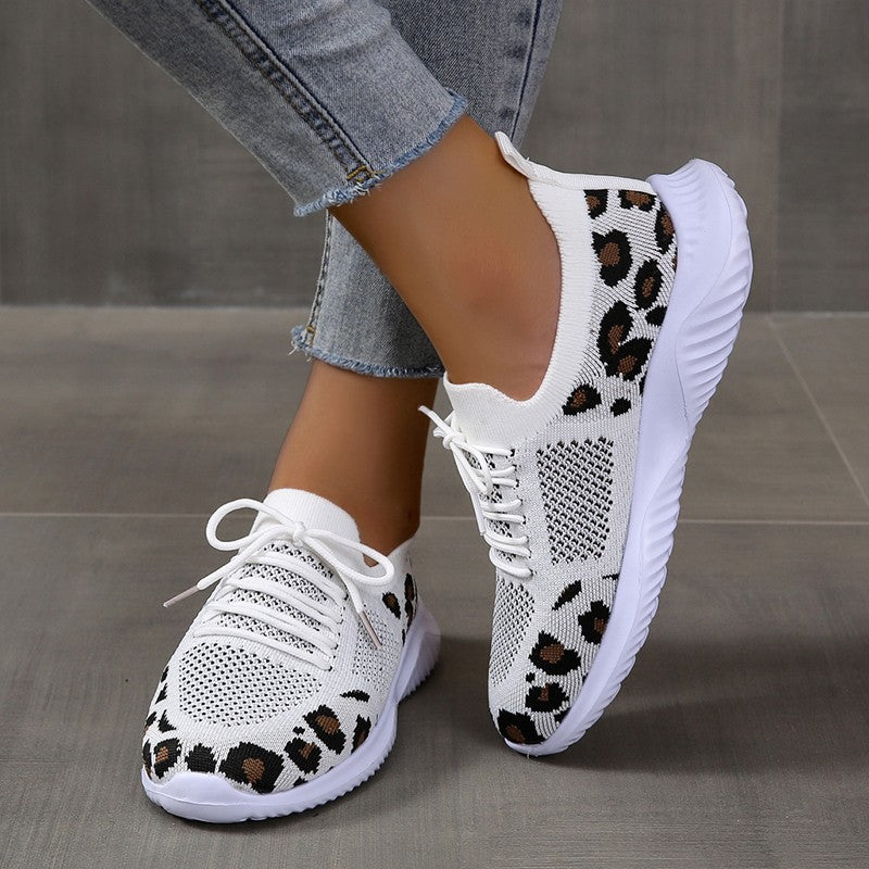 Women's Breathable & Lightweight Sneakers, Leopard Pattern Lace-up Running Shoes, Women's Footwear