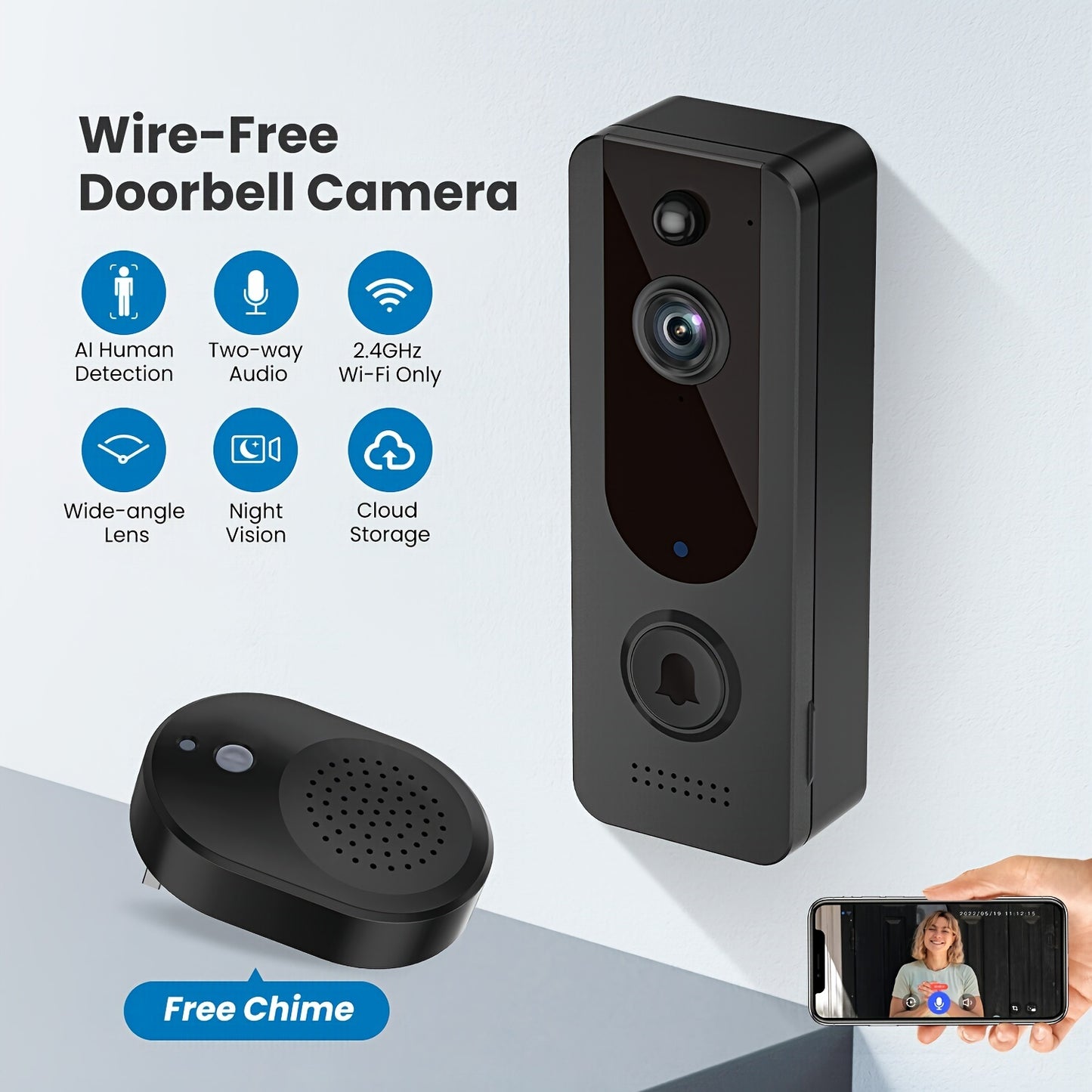 Câmera de campainha de vídeo WiFi, câmera de campainha sem fio com campainha, alertas em tempo real, visão noturna, alimentada por bateria, áudio bidirecional, detecção humana AI, IP65 à prova d&#39;água, armazenamento em nuvem, fácil instalação