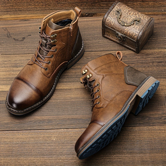Men's Vintage Cap Toe Lace-up Boots With Side Zipper, Casual PU Leather Walking Shoes