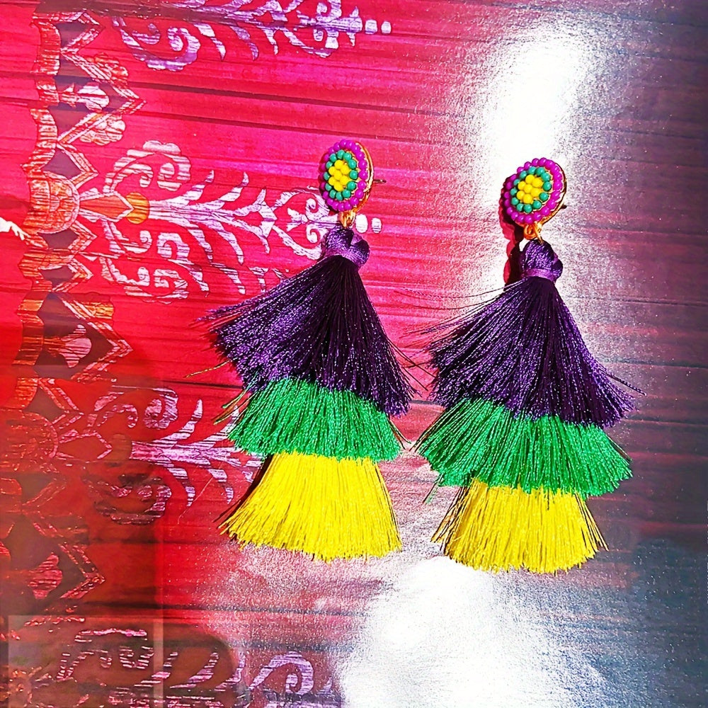 Colorful Threads Tassel Dangle Earrings Ethnic Party Style Alloy Jewelry Trendy Female Ear Ornaments mardi gras jewelry