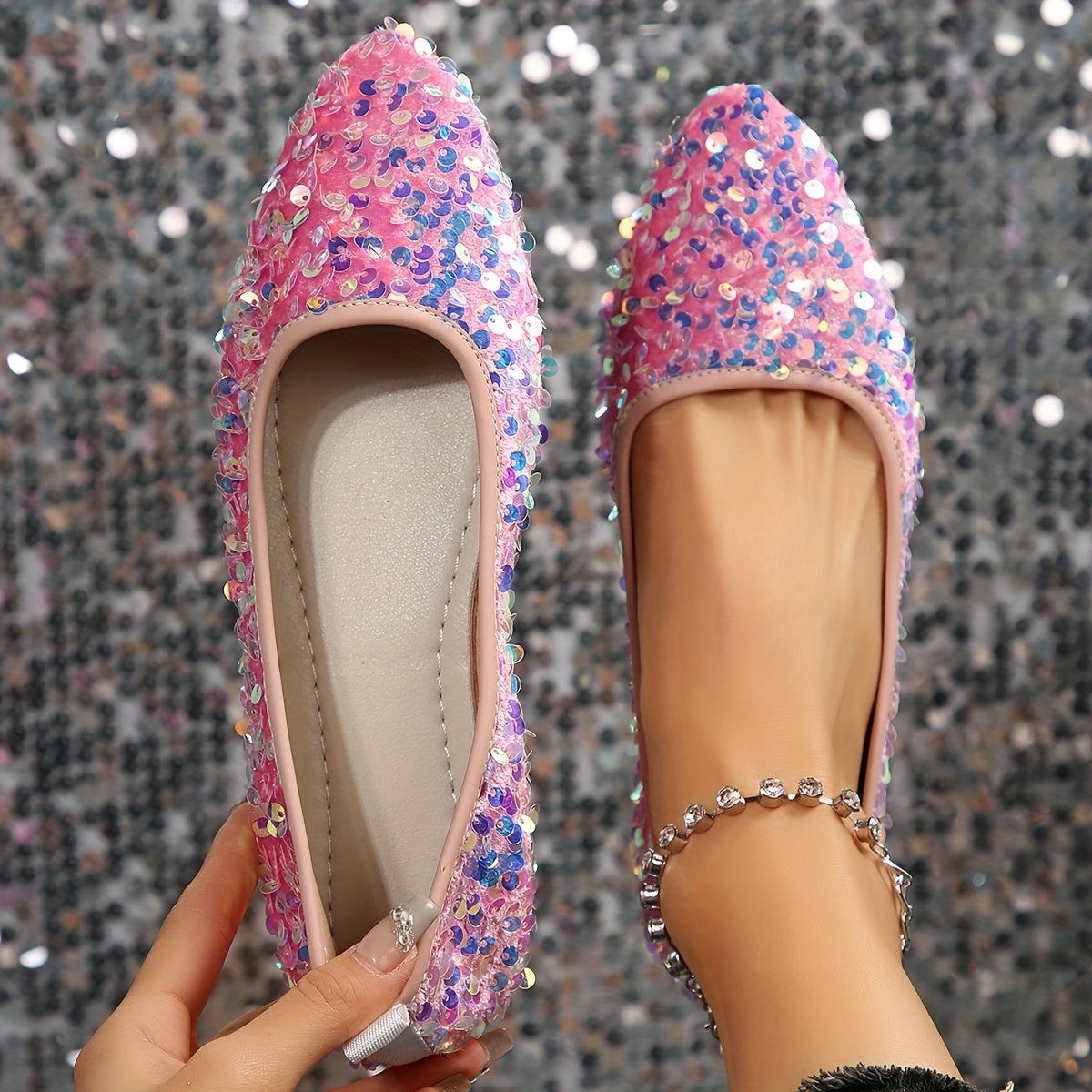 Women's Sequins Flat Shoes, Fashion Pointed Toe Soft Sole Shoes, All-Match Slip On Flats