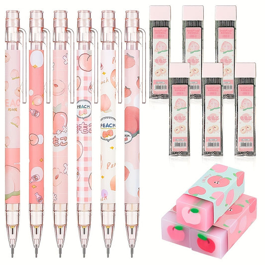 Mechanical Pencil Set Include Peach Mechanical Pencils With Tubes 0.5 Mm Pencil Refills And Cute Juice Peach Erasers School Supplies For Sketching Architecture Drawing (15 Pcs)