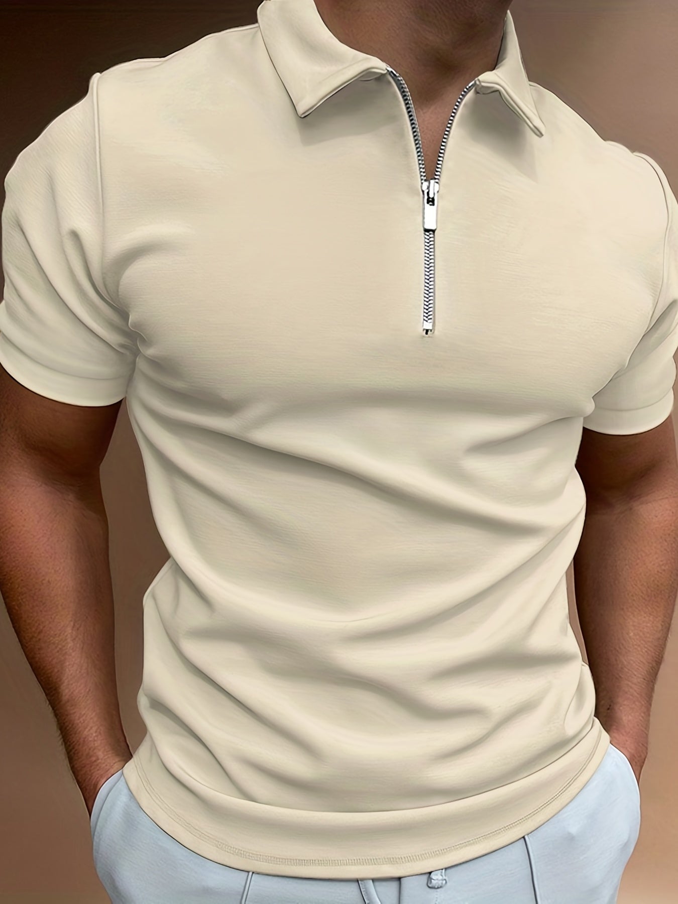 Plus Size Men's Solid Color Shirt, Lapel Zipper T-shirt, Male Casual Streetwear