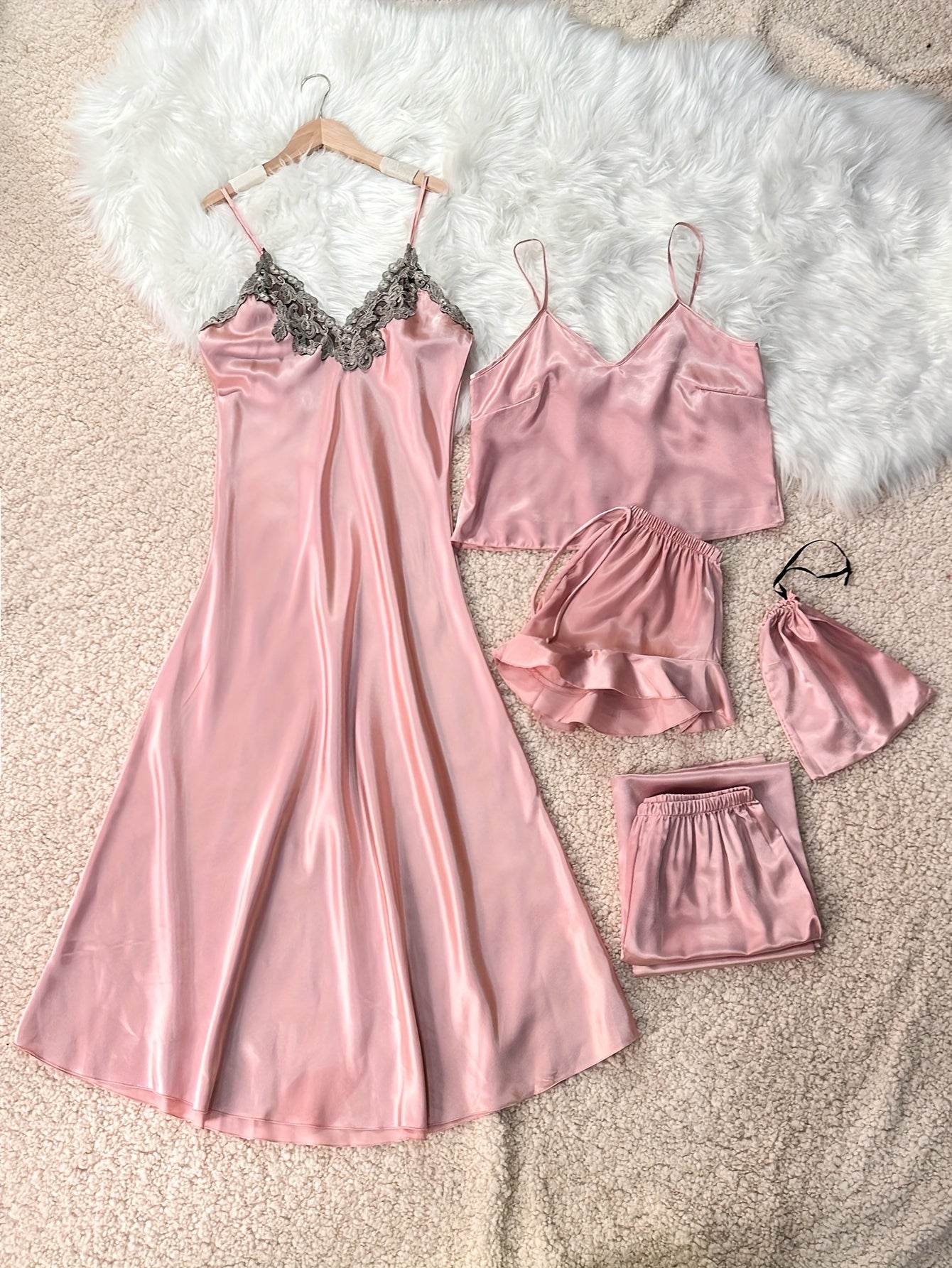 5 Piece Satin Sleep Set, Lace Trim Slip Dress + Cami Top + Ruffle Shorts + Lounge Pants, Women's Loungewear & Sleepwear