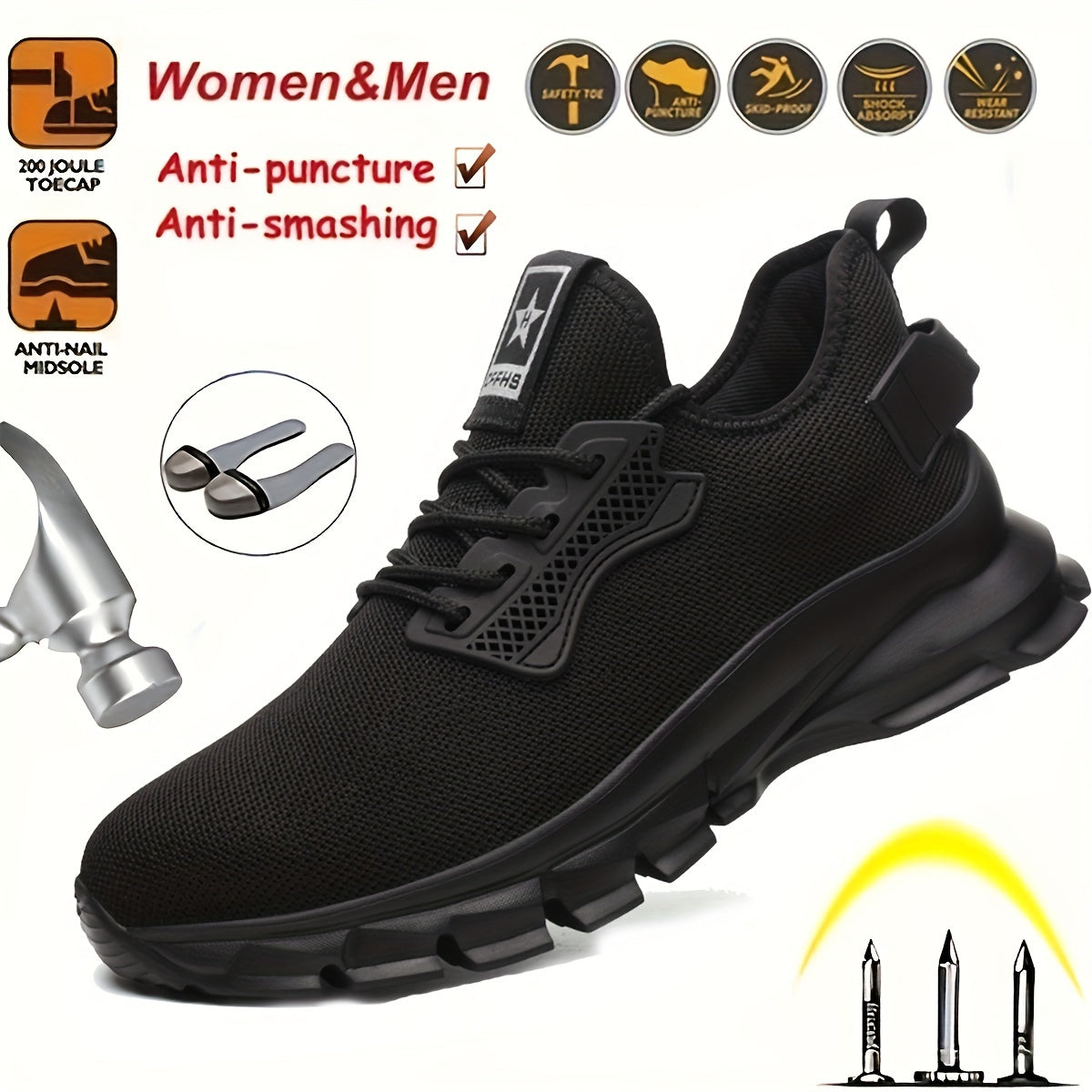 PLUS SIZE Men's Solid Steel Toe Puncture Proof Anti-skid Work Safety Shoes, Breathable Woven Knit Industrial Construction Sneakers