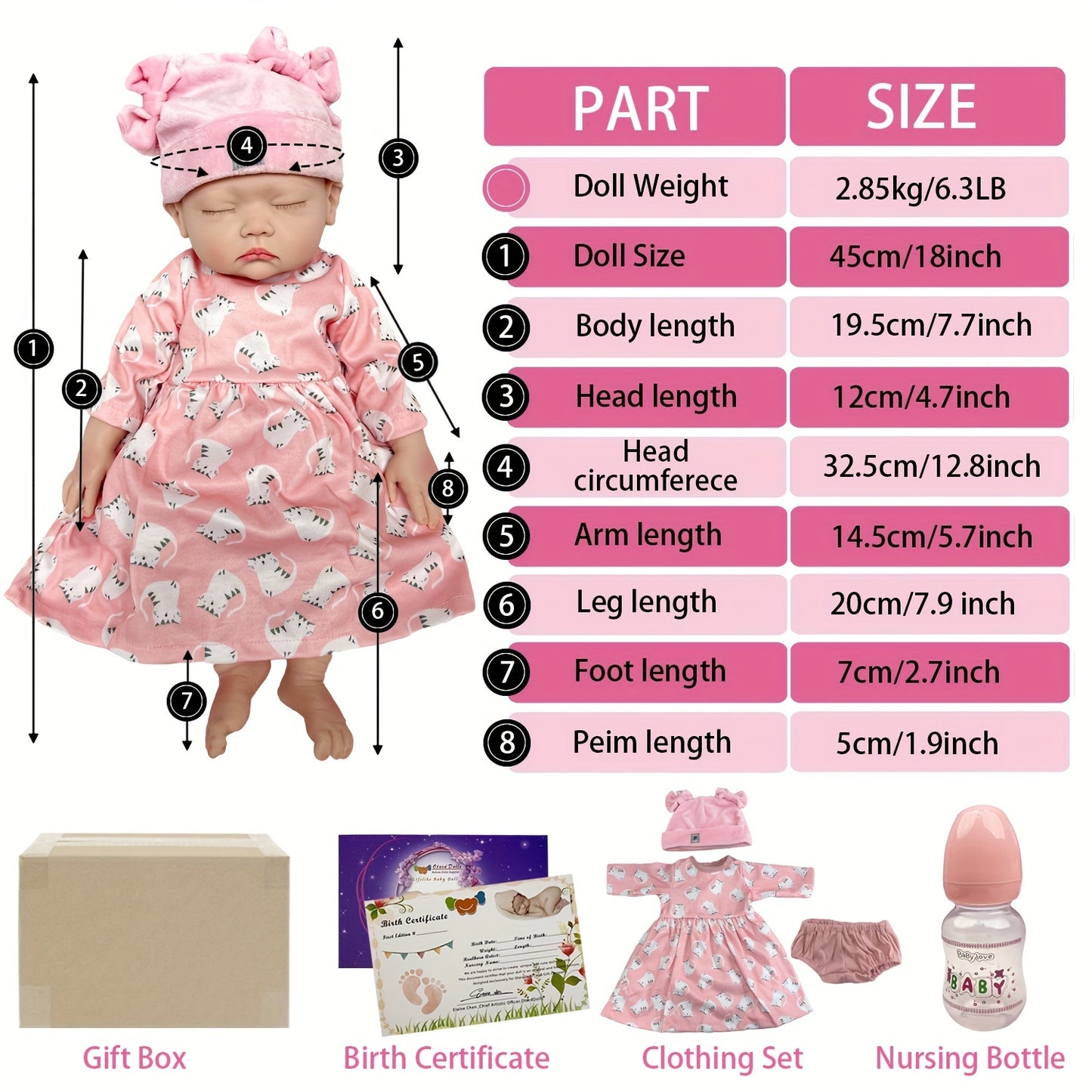 17.72inch Sleeping Girl Silicone Reborn Dolls Full Body Soft Solid Silicone Bebe Reborn Doll Artist Painting Baby Dolls For Family's Gift Corpo De Silicone Inteiro Muñeca