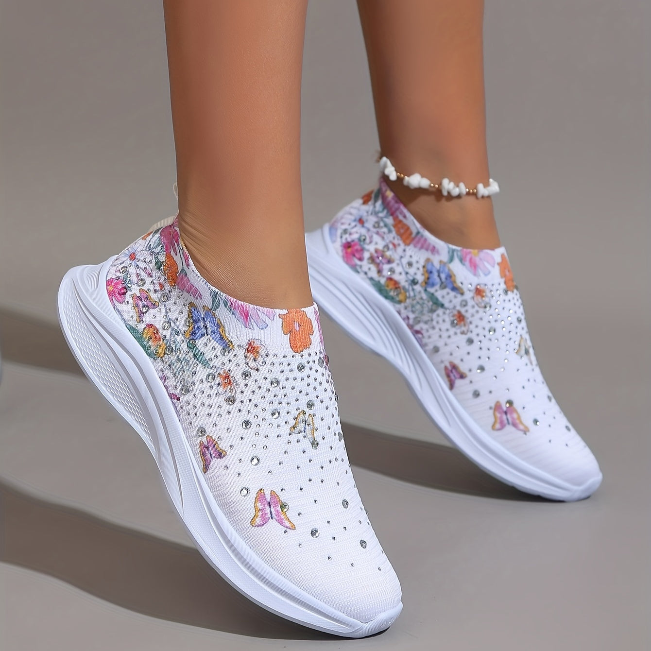 Women's Rhinestone Decor Sneakers, Floral & Butterfly Print Slip On Shoes, Breathable Knit Running Shoes