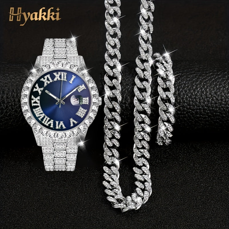 Fashion Silver Blue Watch Set Gift Box Men's Ice Inlaid 12mm Cuban Chain Necklace Bracelet Watch Set Hip Hop Chain Ice Jewelry Men's Jewelry Watch