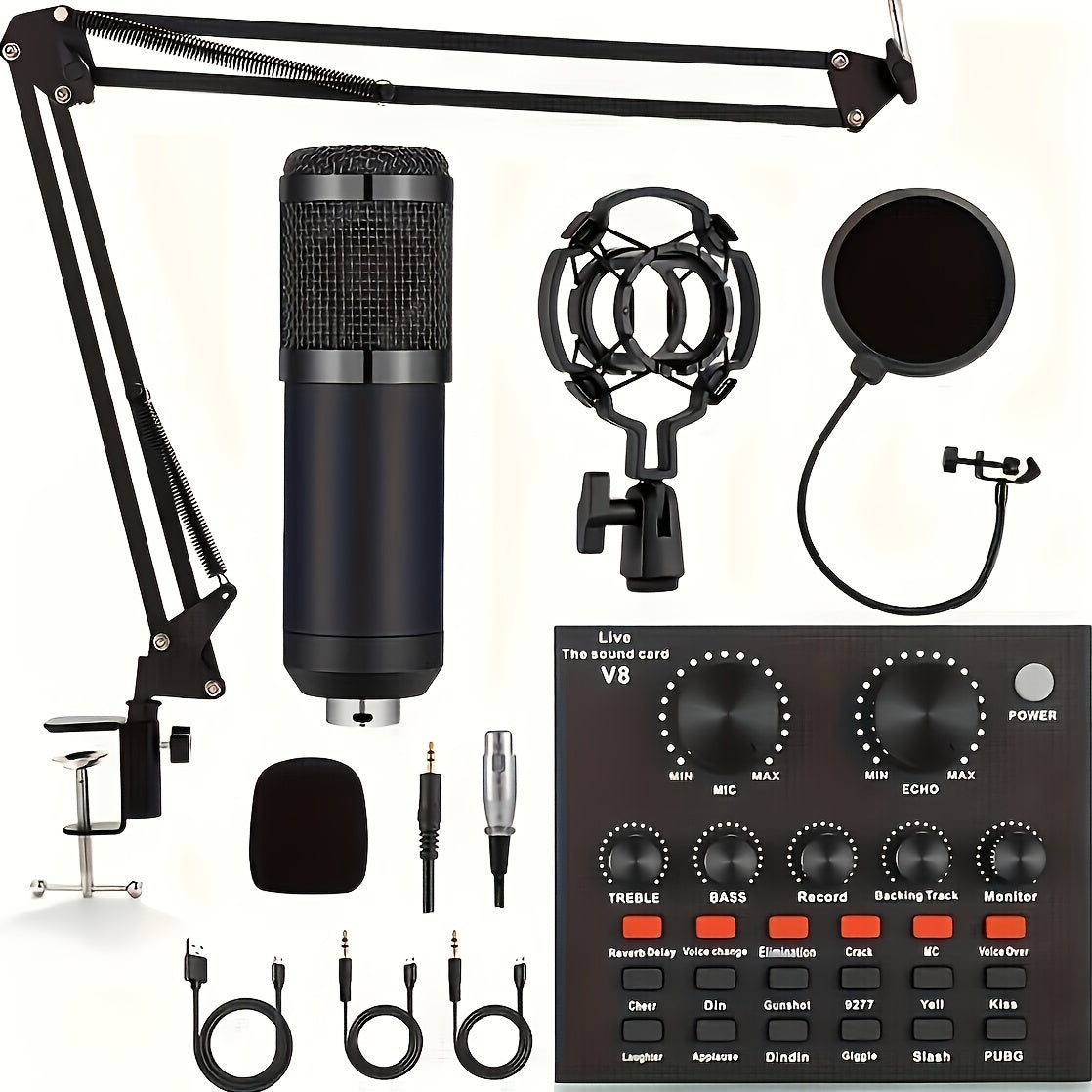 Podcast Equipment Bundle, BM-800 Podcast Microphone Bundle With V8 Sound Card, Condenser Studio Microphone For Laptop Computer Vlog Living Broadcast Live Streaming