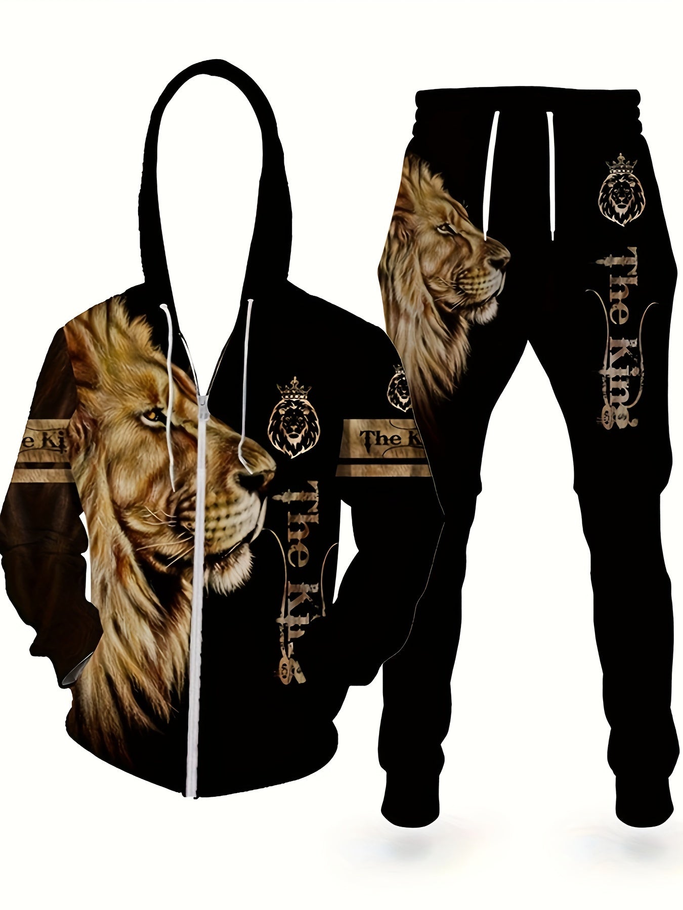 Conjunto de pijama masculino Lion The King com estampa moderna e novidade, conjunto de moletom com capuz e calça de moletom, moletom de manga comprida, calça jogger, roupas para homens