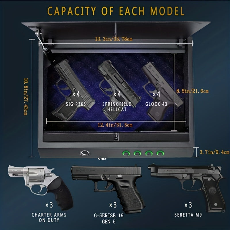 Coffre-fort biométrique pour armes à feu avec accès rapide à trois voies, coffre-fort intelligent à empreintes digitales avec clés et clavier, à côté du boîtier de verrouillage des armes à feu pour la maison, la table de nuit et le bureau (serrure biométr