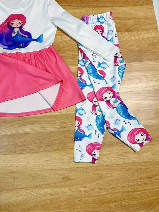 Sweet Girls 2pcs Splicing 3D Mermaid Print Long Sleeve Pullover + Pants Set Spring Fall Gift Outdoor