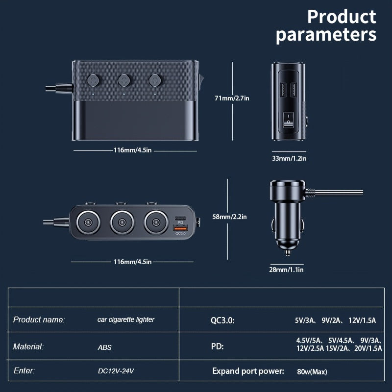 7 In 1 Car Cigarette Lighter, 128W Multifunctional 7 Ports Car Charging Adapter PD30W QC3.0 Fast Charging Car Charger