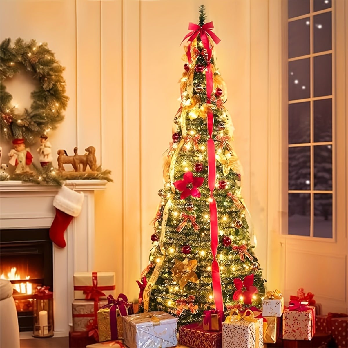 3.94ft\u002F4.92ft\u002F5.9ft Scalable Christmas Tree Folding Christmas Tree Pagoda Tree With Lights Christmas Decoration