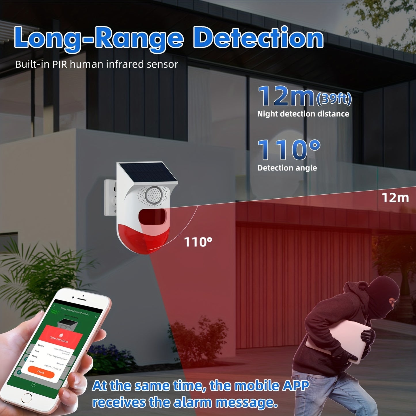 1 pacote de luz de alarme estroboscópica solar com detector de sensor de movimento, luzes de alarme externas inteligentes, controle remoto de sirene de som de 120db, 7 modos, notificação de aplicativo em tempo real para casa, fazenda, celeiro, vila, quint