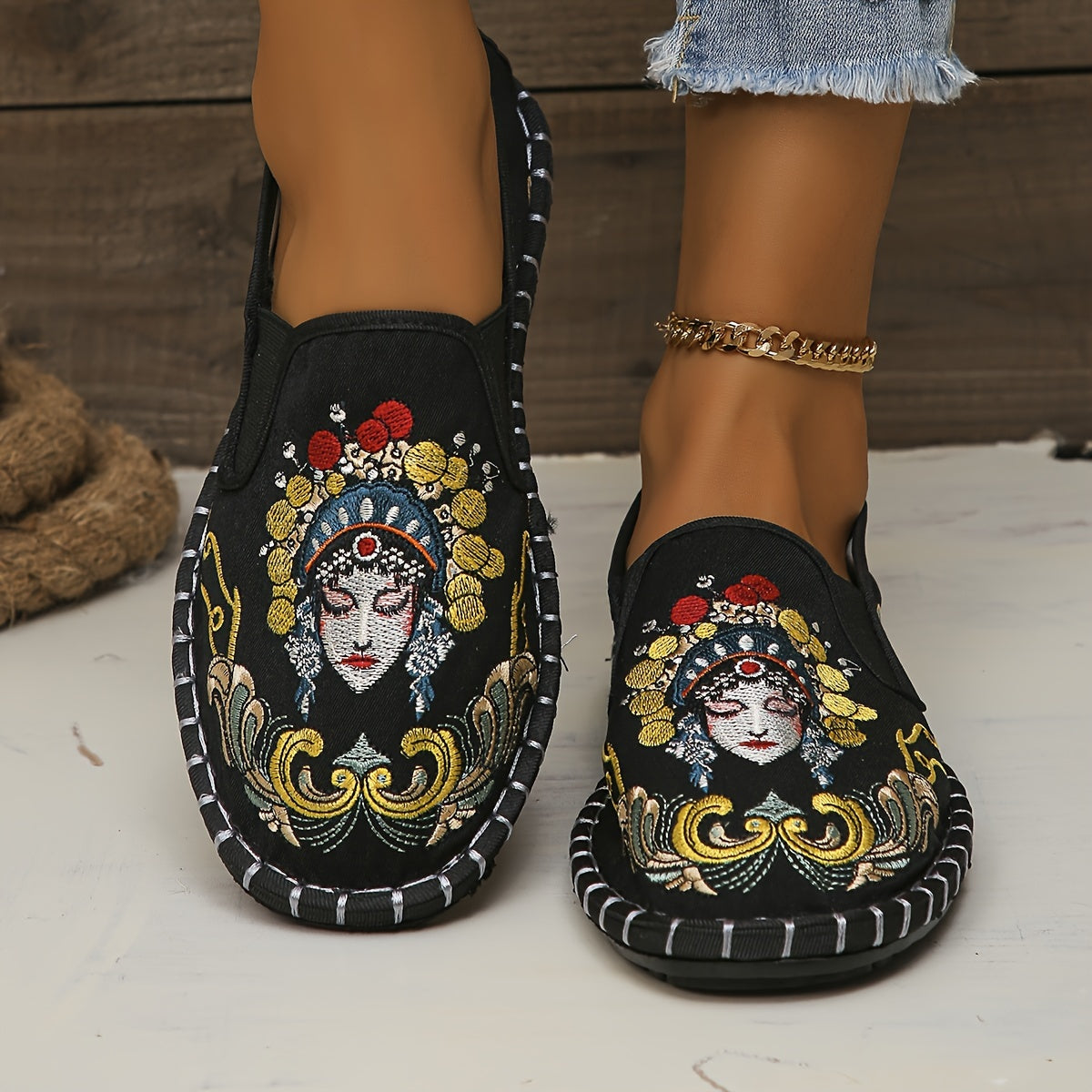 De las mujeres de China Peking Opera Bordado Planos, Casual Slip On Zapatos Tela Transpirable, Ligeros Low Top Planos