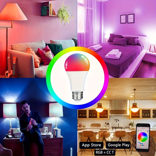 1 package adjustable brightness and light color Living room bedroom white light color temperature 2700-6500K, smart lights with application control RGB+CCT color-changing LED bulb music energy-saving adjustment brightness, E27 9W Bluetooth support.