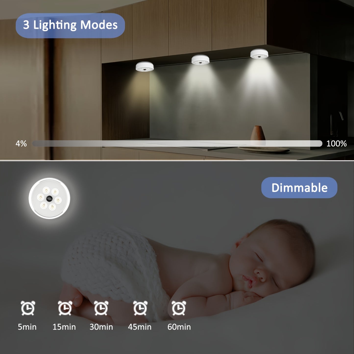 Lot de 6 lumières LED Puck avec télécommande, capteur de mouvement sans fil sous l'éclairage du cabinet, gradateur rechargeable USB 3 couleurs, lumière de nuit, pour placard, cuisine, comptoir, escaliers