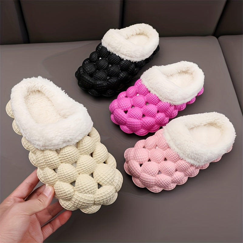 Girl's Ultra Soft Massage Bubble Slides With Warm Plush Lining, Relaxable Trendy Cushioned Non-slip Slippers For Kid's Indoor Home Shoes