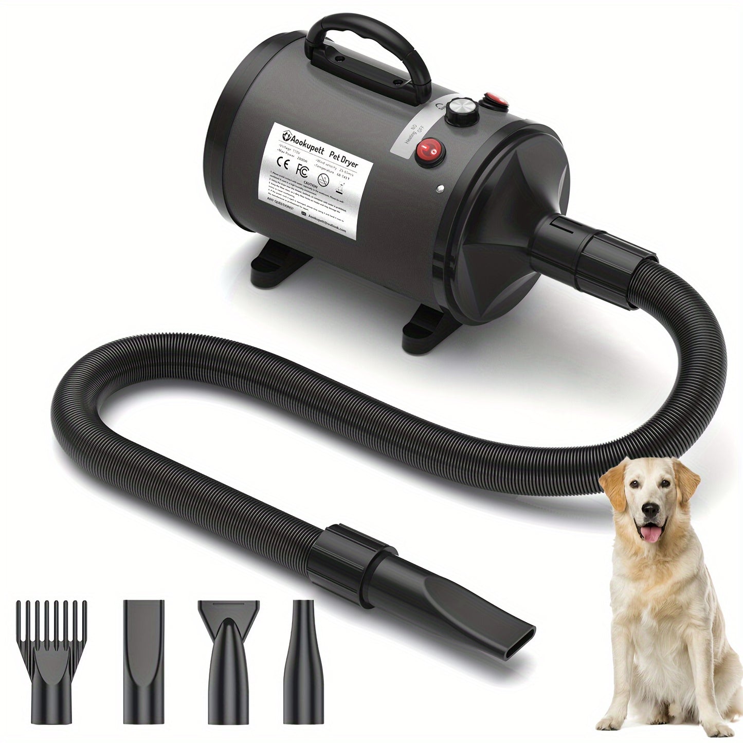 Secador de cães Aookupett para cuidar de cães, secador de cabelo de alta velocidade 2800w \u002F3.8HP para cães, secador de animais de estimação com velocidade ajustável contínua, secador de cabelo de cachorro para gatos e cães com aquecedor, 4 bicos, dom