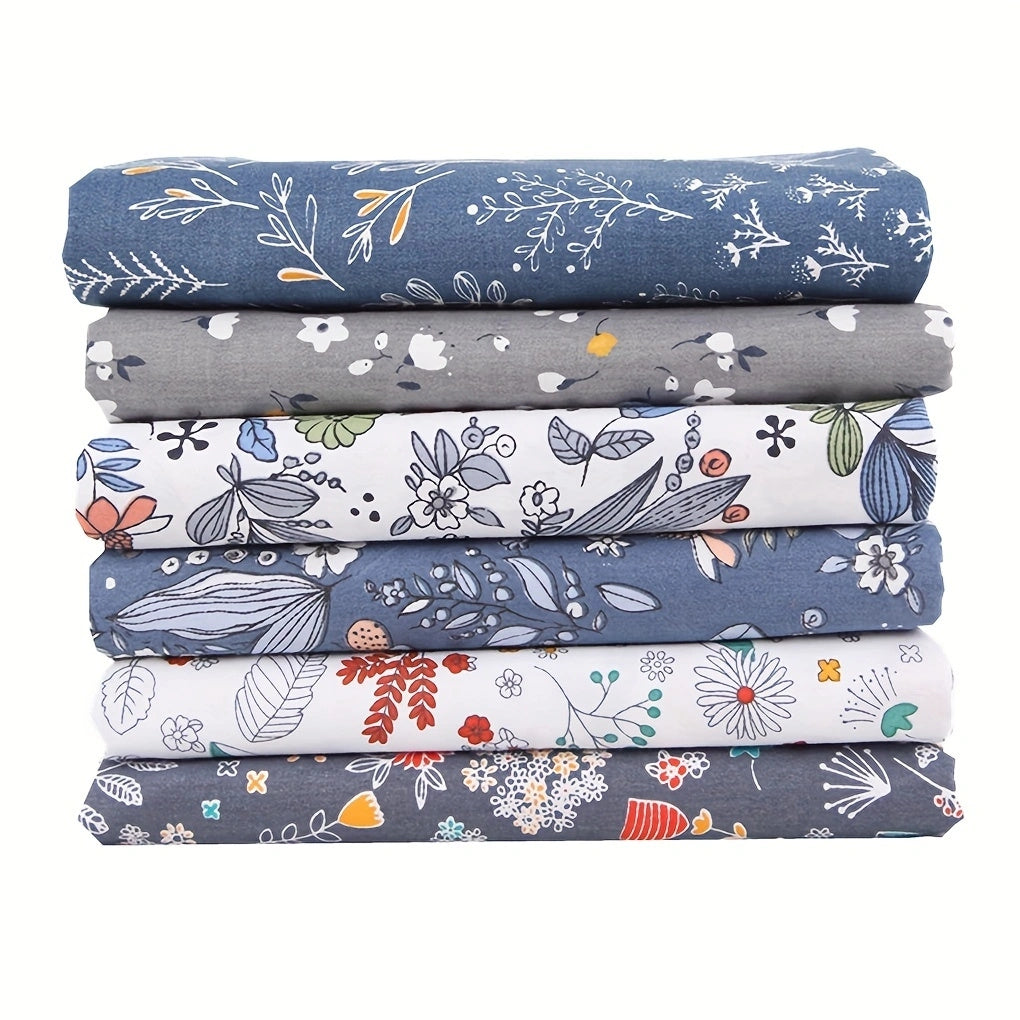 6pcs Fat Quarter Floral et feuille motif tissu, gris et bleu foncé tissu pour bricolage Patchwork couture, poupée tissu et sac à main tissu, 19.69*15.75 pouces