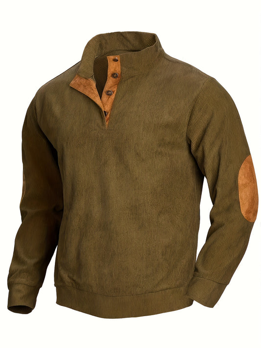 Vintage Style côtelé hommes de couleur bloc manches longues col roulé Henley chemise, automne printemps, voyage en plein air