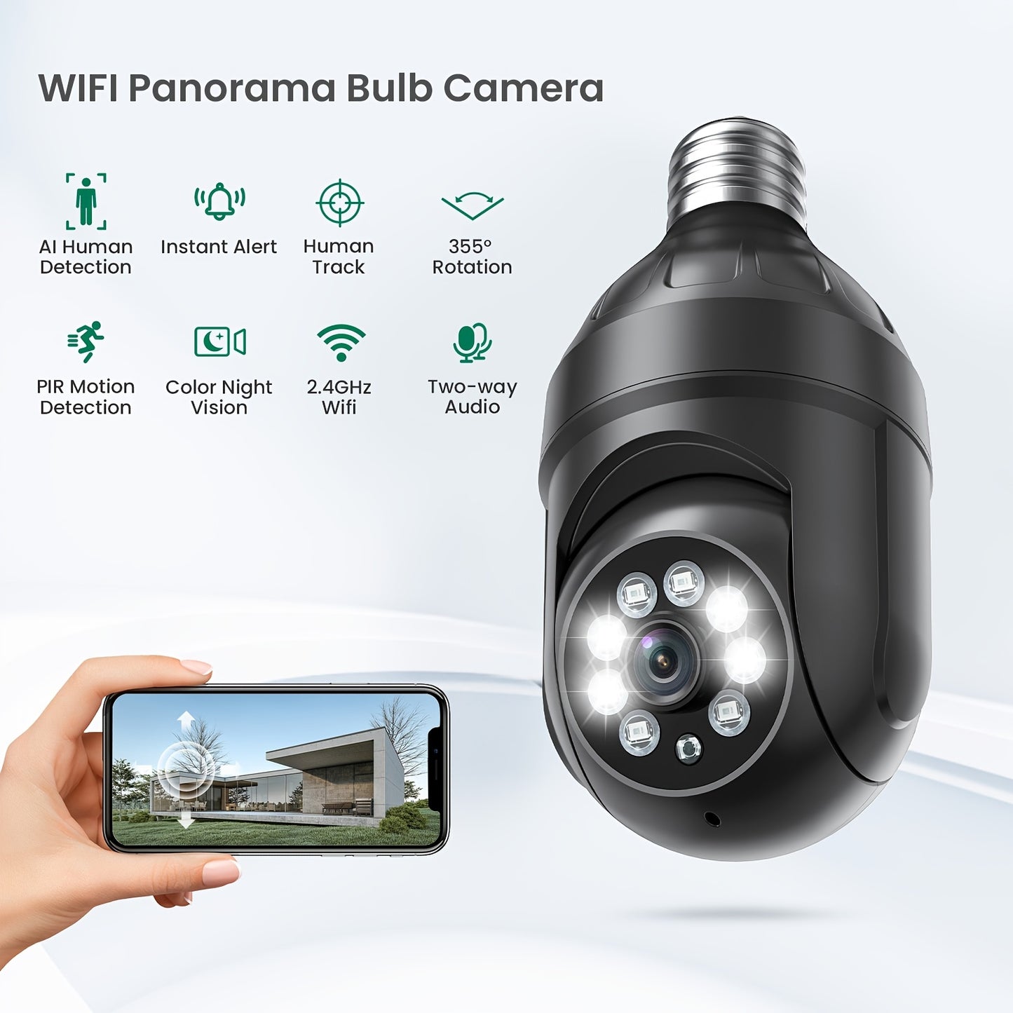 Câmera de segurança com lâmpada sem fio, câmeras externas para segurança doméstica 1080p HD Panorâmica de 360 graus com tomada de luz panorâmica Câmera de segurança com 2,4 G WiFi, visão noturna colorida, detecção de movimento inteligente, áudio bidirecio