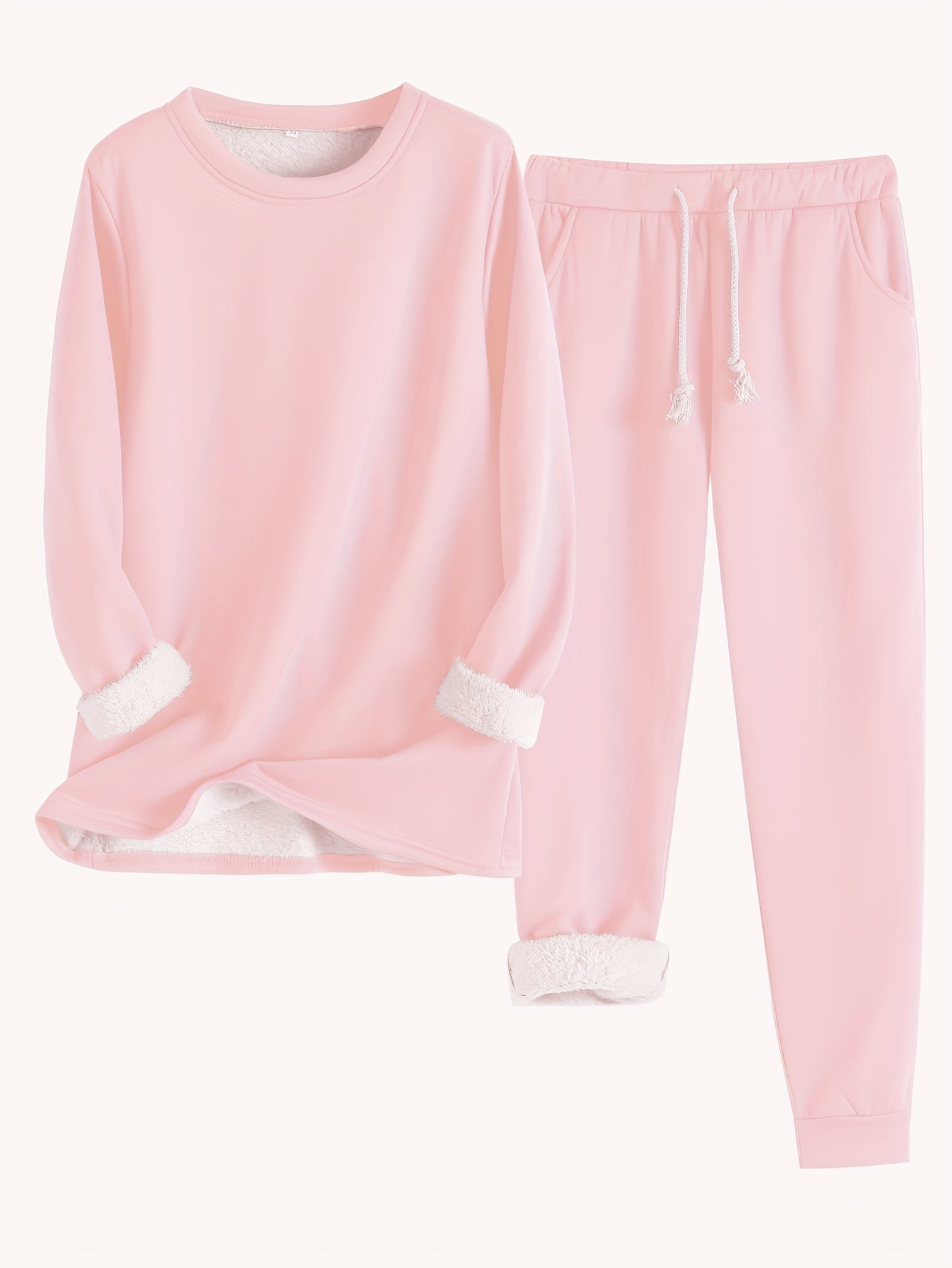 Zweiteiliges Set mit Rundhals ausschnitt Langarm Sweatshirt und Kordel zug hose lässig solide, zweiteiliges Set, Damen bekleidung