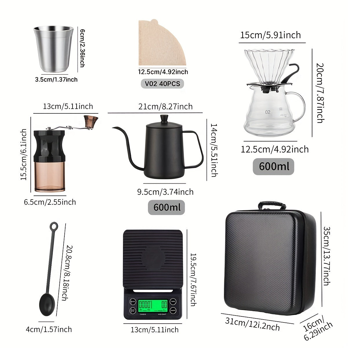 Conjunto de cafeteira feita à mão, 9 peças, com caixa de armazenamento, ferramentas de café feito à mão, presente, camping, para trailer, acampamento ao ar livre, piquenique, escritório, viagem, cafeteira, acessórios de bar, material escolar