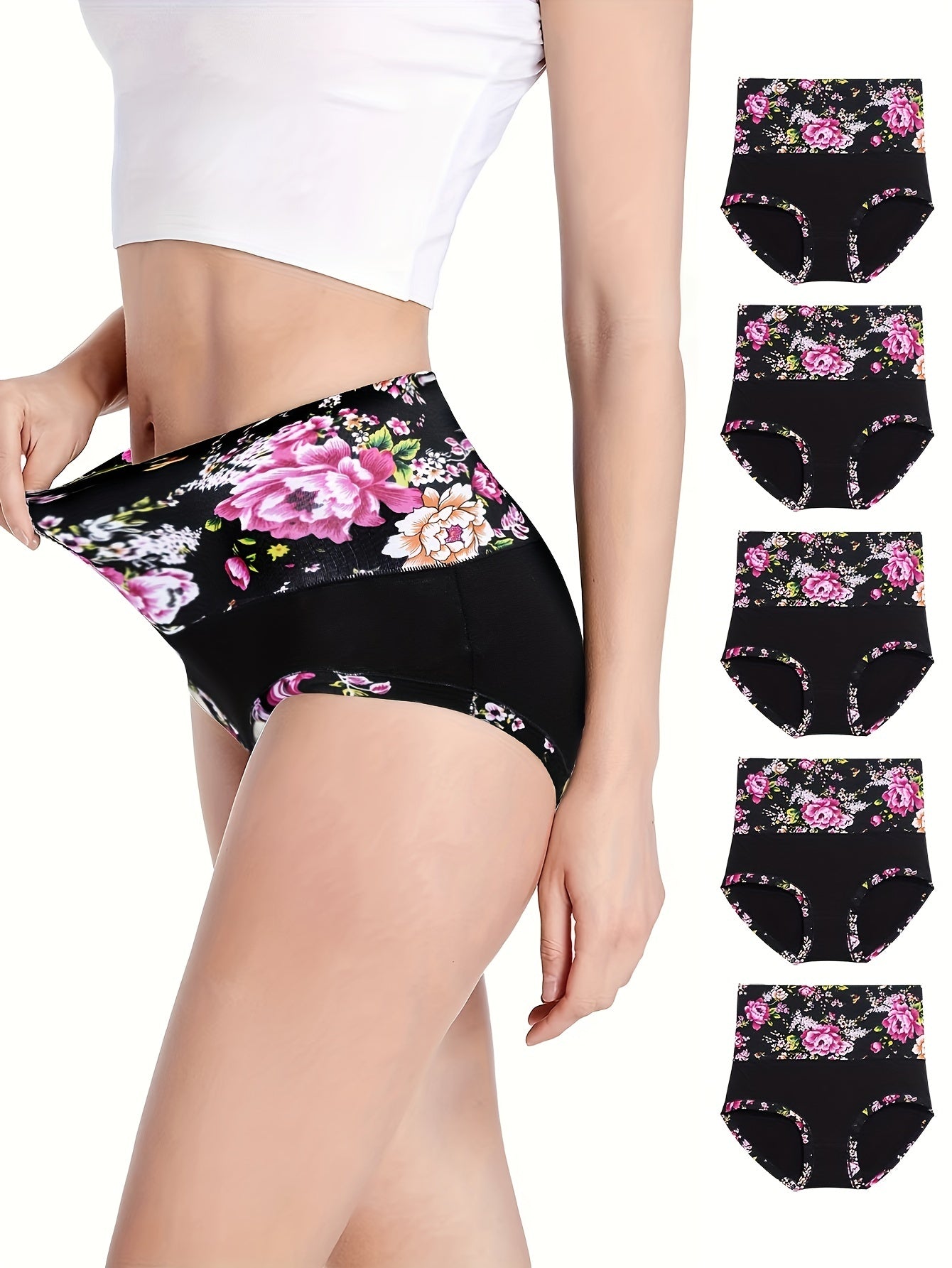 5pcs Floral Print Briefs, Comfy & Breathable Stretchy Intimates Panties, Women's Lingerie & Underwear