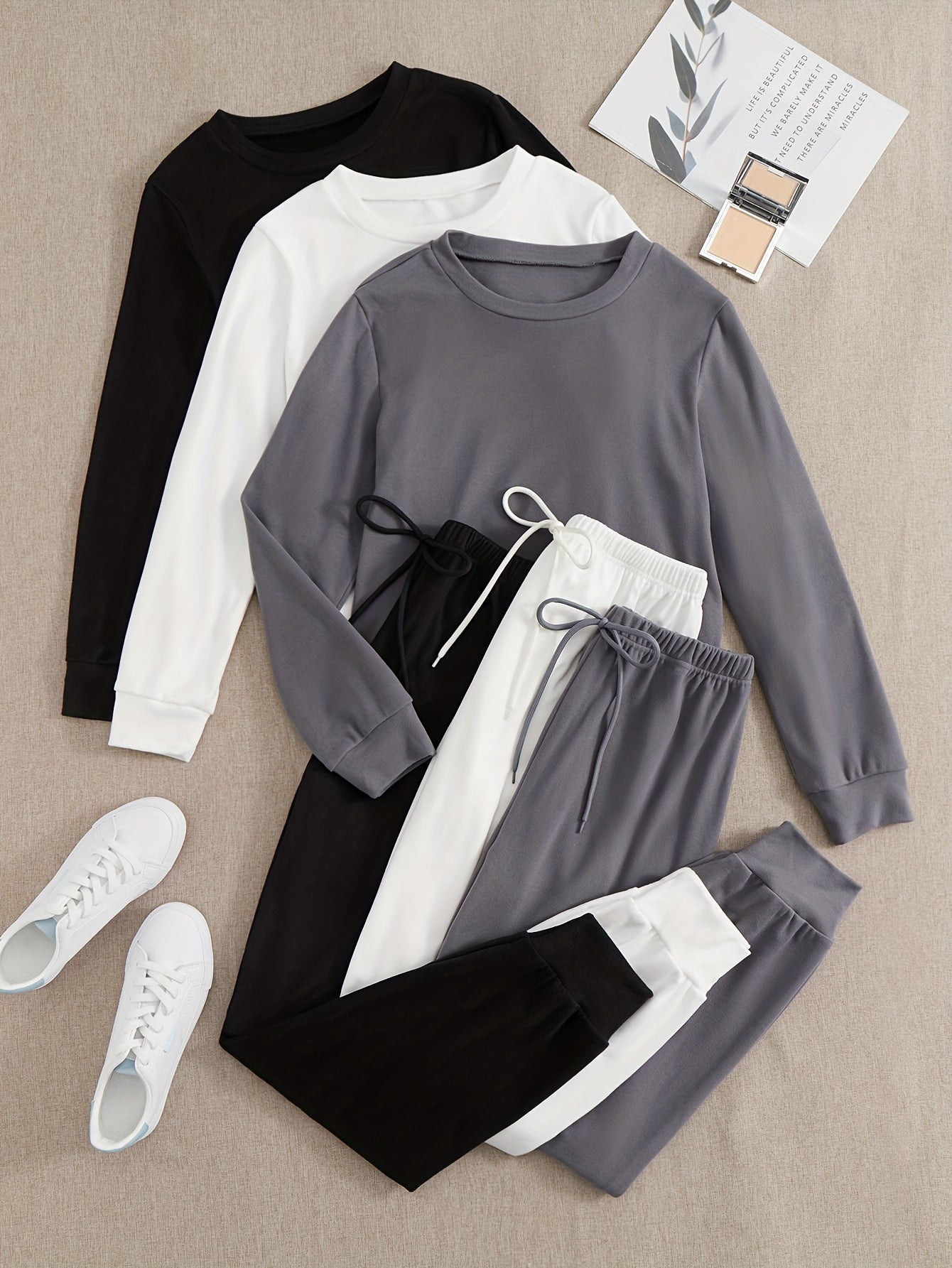 3 Sets Simple Solid Lounge Set, Long Sleeve Crew Neck Top & Lace Up Pants, Women's Loungewear & Sleepwear