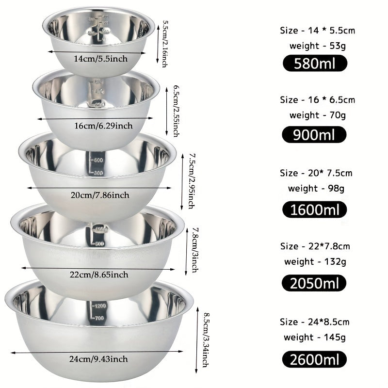 Juego de cuencos de mezcla antideslizantes de acero inoxidable de 5 piezas, perfecto para cocinar y hornear en la cocina, diseño de anidamiento para fácil almacenamiento