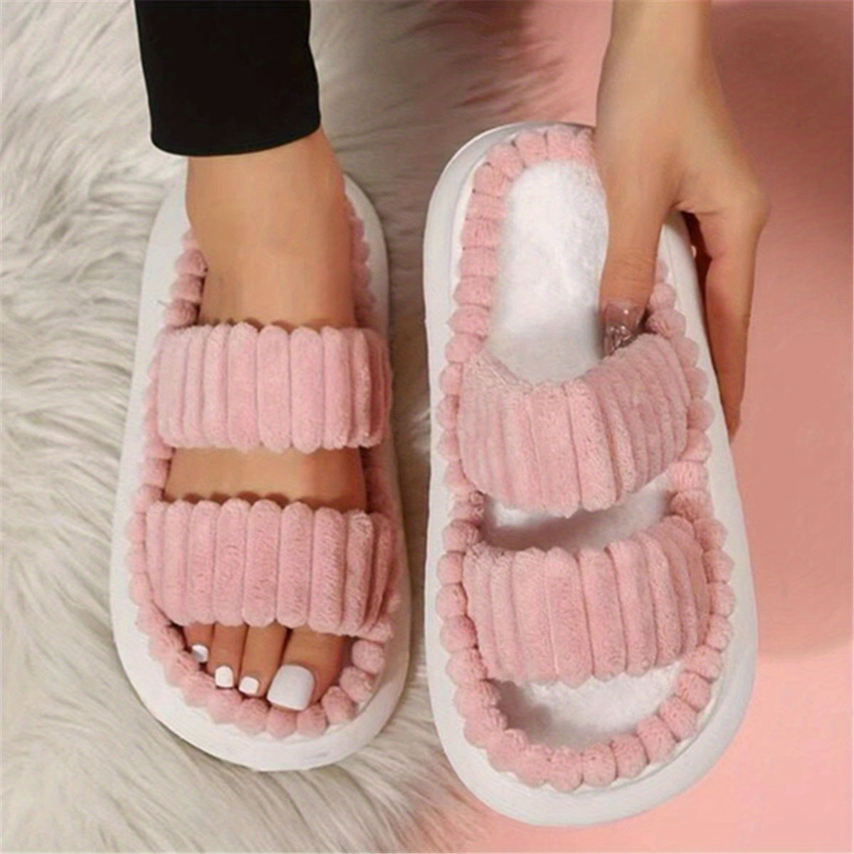 Women's Double Straps Plush Slippers, Solid Color Open Toe Non Slip Comfy Slides Shoes, Fashion Indoor Platform Slippers