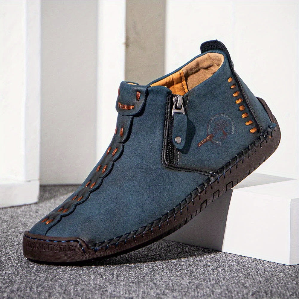 Men's Boots Stitching Zipper Ankle Boots Vintage Style Rubber Sole Outdoor Shoes Moccasins